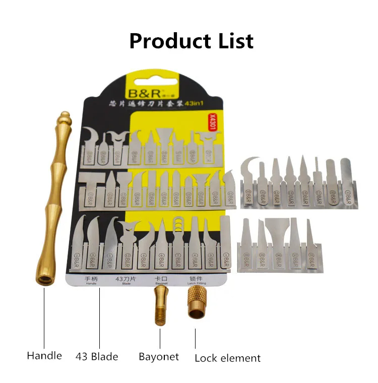 Bộ dao tách IC cạo keo B&R X4301 43in1 tay cầm titan mạ vàng