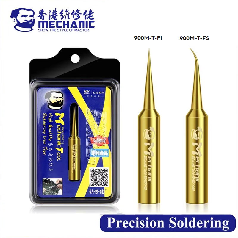 Toàn cảnh hộp đựng và 2 đầu mũi MECHANIC 900M-T-FI và FS màu vàng sang trọng