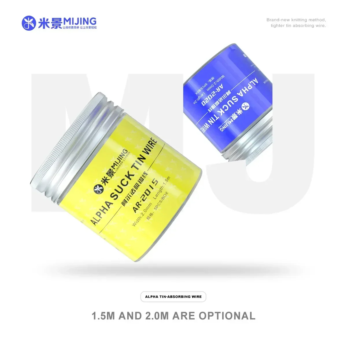 Hình ảnh thực tế hai hộp dây hút thiếc MIJING Alpha màu vàng và xanh