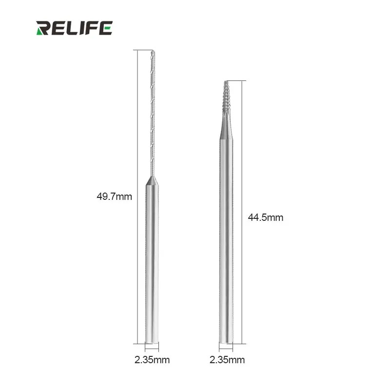 Kích thước chi tiết 2 mũi khoan RELIFE TX1: mũi khoan xoắn dài 49.7mm và mũi tháo ren 44.5mm