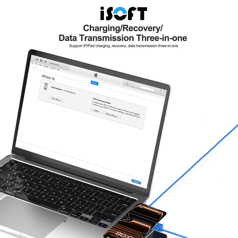 Cáp chạy phần mềm ISOFT IS-006 trong quá trình khôi phục hệ điều hành cho iPhone.